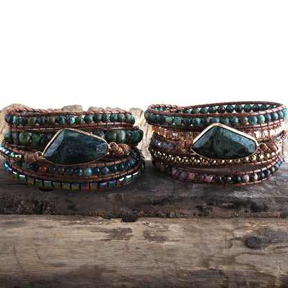 Fashion Boho Bracelet  African Turquoise Natural Stones Grass Green Charm 5 Strands Woven Wrap Bracelets Gift