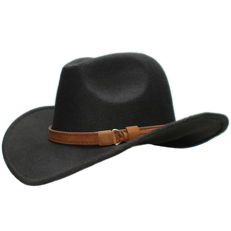 Vintage Parent-child Women Men /Kid Child Wool Wide Brim Cowboy Western Hat Cowgirl Bowler Cap Camel Leather Band (54-57-61cm)