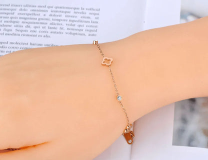 BOBOTUU Stainless Steel CZ Crystal Flower Plant Charm Bracelets For Women Girls Rose Gold Color Chain & Link Jewelry BB19114