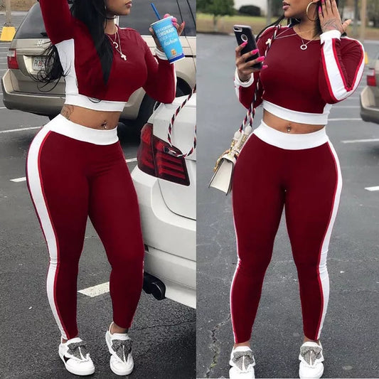 Warm uitverkoping Herfs Lente Vroue Twee stukke Informeel Sweetpak Sygestreepte Crop Tops Enkellengte Broek Sportdrag Stel NUUT S-XL