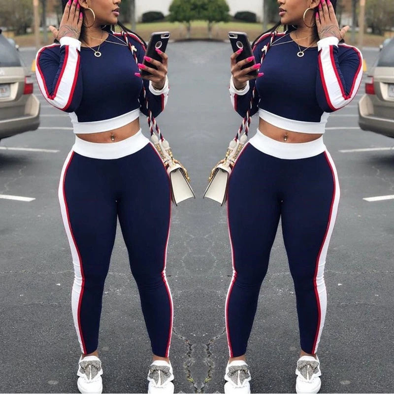 Hot Sale Autumn Spring Women Two Pieces Casual Tracksuit Side-striped Crop Tops Ankle-length Pants Sportwear Set NEW S-XL