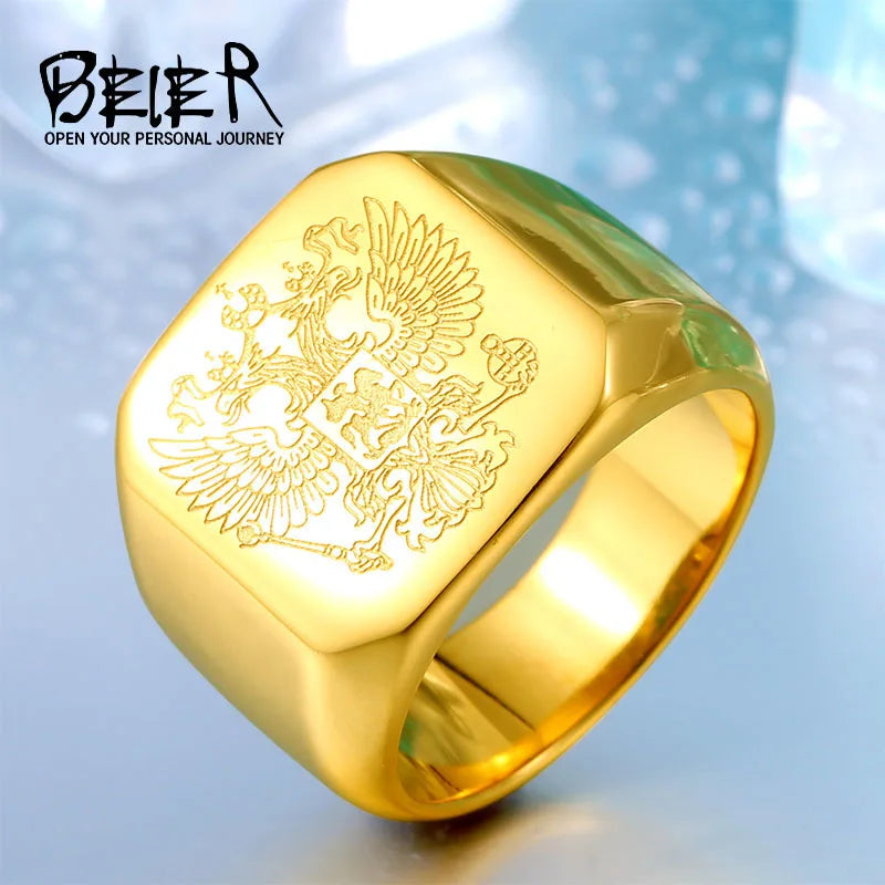 BEIER New Cool Stainless Steel Eagle Man Ring With A Coat Of Arms Of The Russian Product High Quality Jewelry  BR8-320