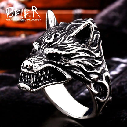 BEIER Punk Viking Cool stainless steel 3D  Winterfell Wolf Man Ring christmas Amulet Jewelry BR8-075