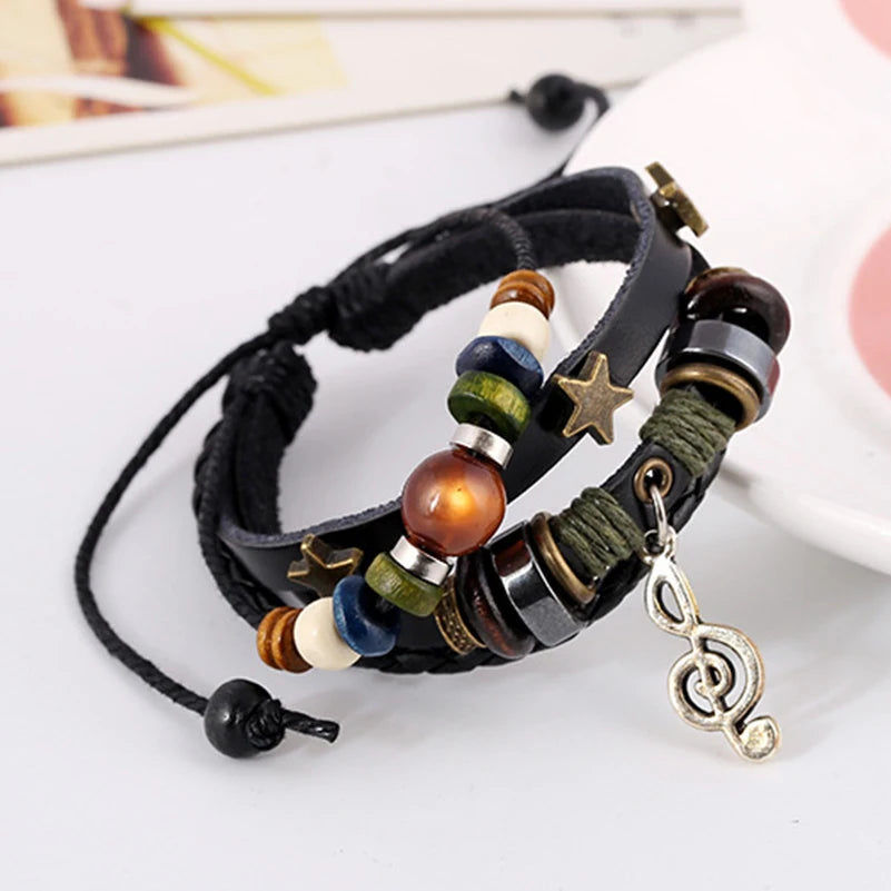 Handgemaakte Boho Gypsy Hippie Ontwerp Bruin Leer Star G Sleutel Nota Metaal Charms Hout Knoop Krale Wrap Unisex verstelbare armband