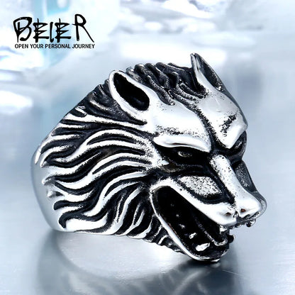 BEIER Punk Viking Cool stainless steel 3D  Winterfell Wolf Man Ring christmas Amulet Jewelry BR8-075