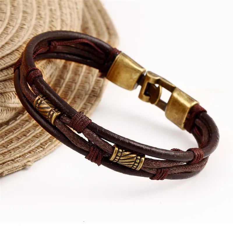 MKENDN Groothandel Vintage Mode Multi-Laag Echte Leer Man Armbande Maklike Haak Skakel Ketting Mans Vroue Juweliersware