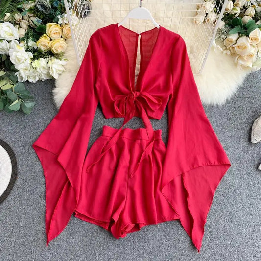 2024 New Summer 2 Piece Outfits For Women Flare Sleeve Crop Top + Broad-legged Shorts Fashion Ladies Sexy Solid Chiffon Suit Set