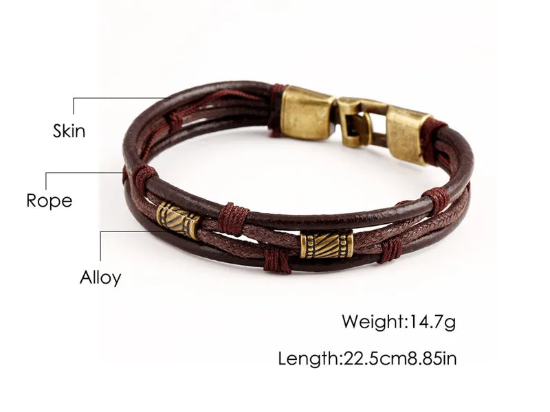 MKENDN Wholesale Vintage Fashion Multi-Layer Genuine Leather Man Bracelets Easy Hook Link Chain Men Women Jewelry