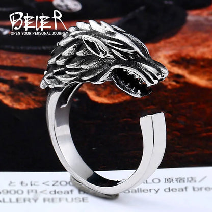 BEIER Punk Viking Cool stainless steel 3D  Winterfell Wolf Man Ring christmas Amulet Jewelry BR8-075