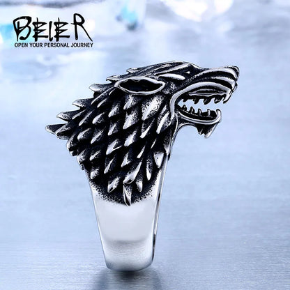 BEIER Punk Viking Cool stainless steel 3D  Winterfell Wolf Man Ring christmas Amulet Jewelry BR8-075