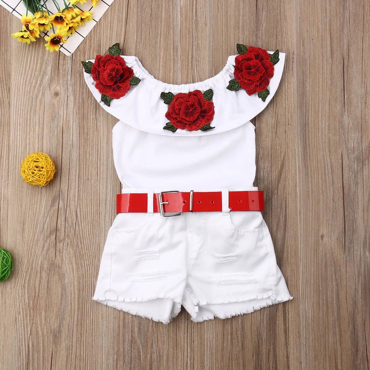 1-7 Years Infant Kid Baby Girls Clothes Set Off Shoulder 3D Rose Flower Ruffle White T-shirt Tops + Shorts Outfits Sets