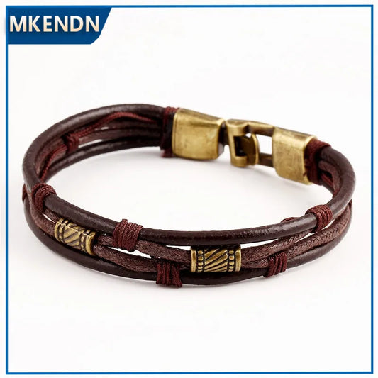 MKENDN Wholesale Vintage Fashion Multi-Layer Genuine Leather Man Bracelets Easy Hook Link Chain Men Women Jewelry