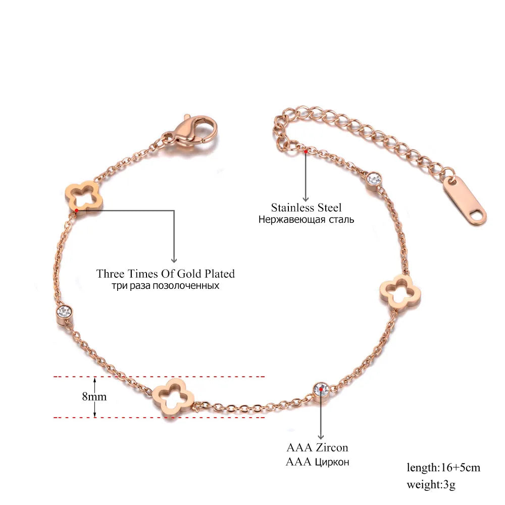 BOBOTUU Stainless Steel CZ Crystal Flower Plant Charm Bracelets For Women Girls Rose Gold Color Chain & Link Jewelry BB19114