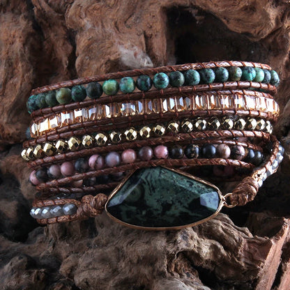 Mode Boho-armband Afrikaanse turkoois natuurlike klippe Grasgroen sjarme 5 stringe geweefde wrap armbande geskenk