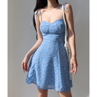 metadigitalstore.com  Retro Girl Blue Laced Floral Strap Dress A- Line Vacation Style