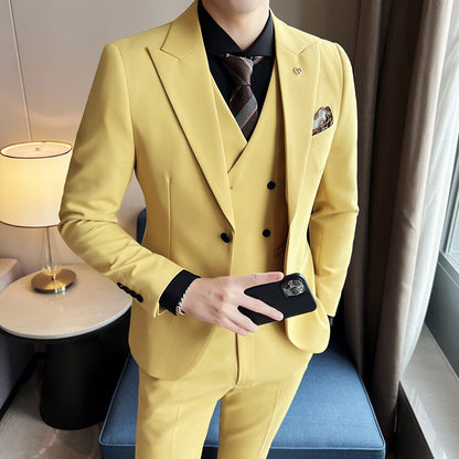 Meta  Digital Store  Suit Three-piece Suit Slim Korean Style Double Buckle Solid Color Light Business