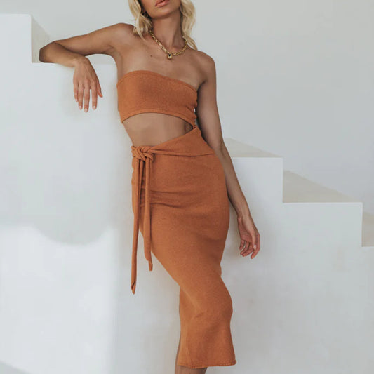 Vrou Digi Fashion Sexy Uitsny Ruglose Tube Top Gebreide Rok met kant-up