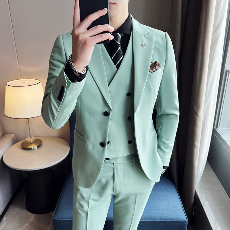 Meta  Digital Store  Suit Three-piece Suit Slim Korean Style Double Buckle Solid Color Light Business