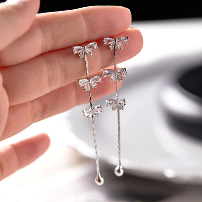 Bow Fringed Zircon Long Earrings