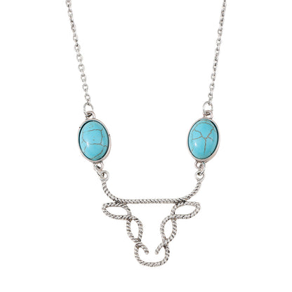 Meta Digital Store Jewelry Inlaid Turquoise Cow Head Necklace Hollow Line