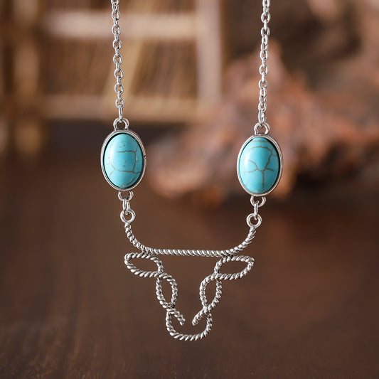 Meta Digital Store Jewelry Inlaid Turquoise Cow Head Necklace Hollow Line