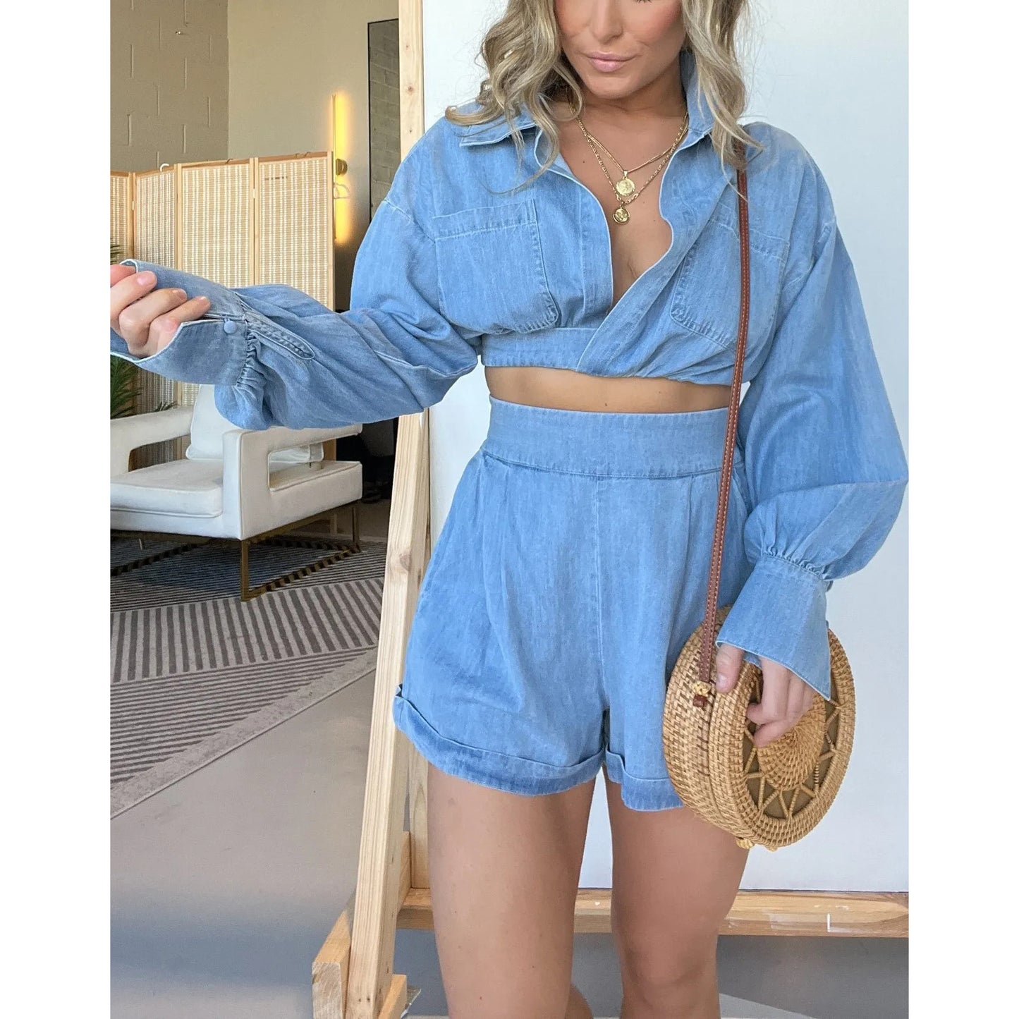 metadigistore.com  Fashion Women's Wear Denim Shirt Deep V Long Sleeve Suit