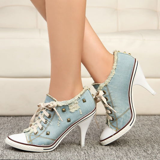 Woman  Shoe Store  Casual Denim Washed Canvas Super High Heels