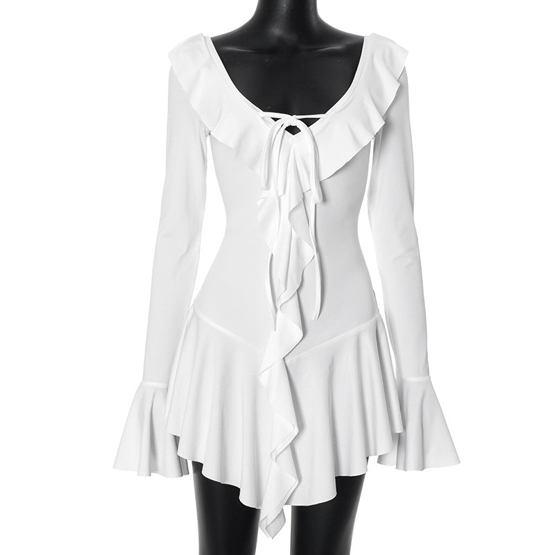 metadigitalstore.com  Ruffled Pointed Collar Rope Bell Sleeve Dress