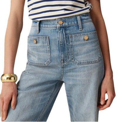 Loose Leisure Washed-out Button Slightly Flared Jeans