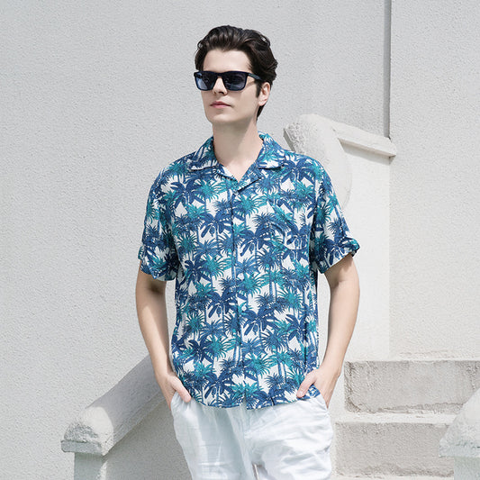 Men's Shirt Rayon Printed Cardigan Short Sleeve Beach Shirt