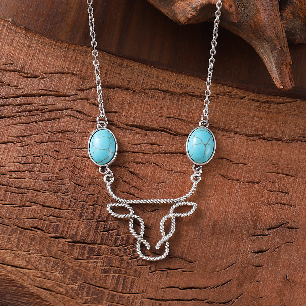 Meta Digital Store Jewelry Inlaid Turquoise Cow Head Necklace Hollow Line