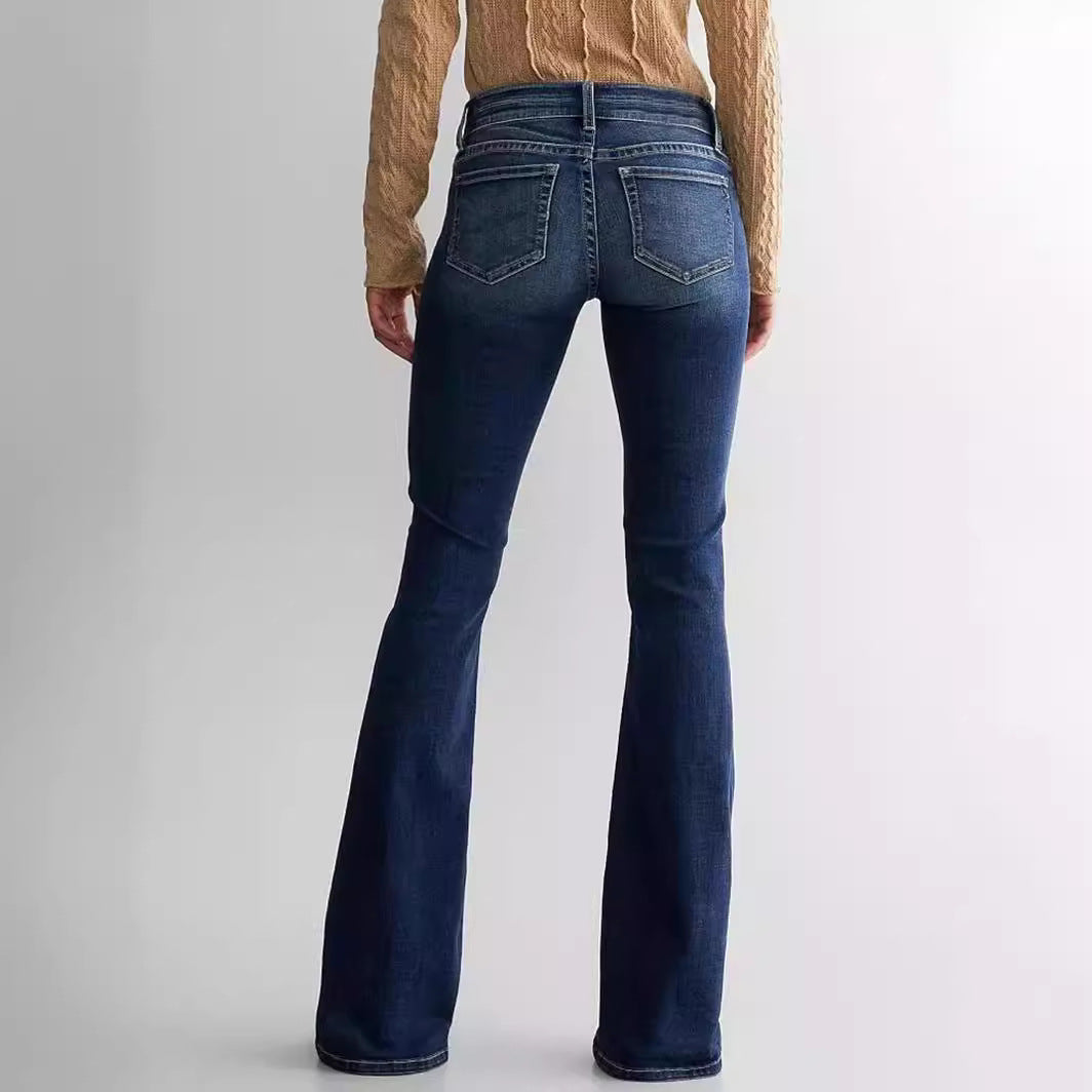 Ladies Mid Waist Slim Fit Stretch Retro Flared Jeans
