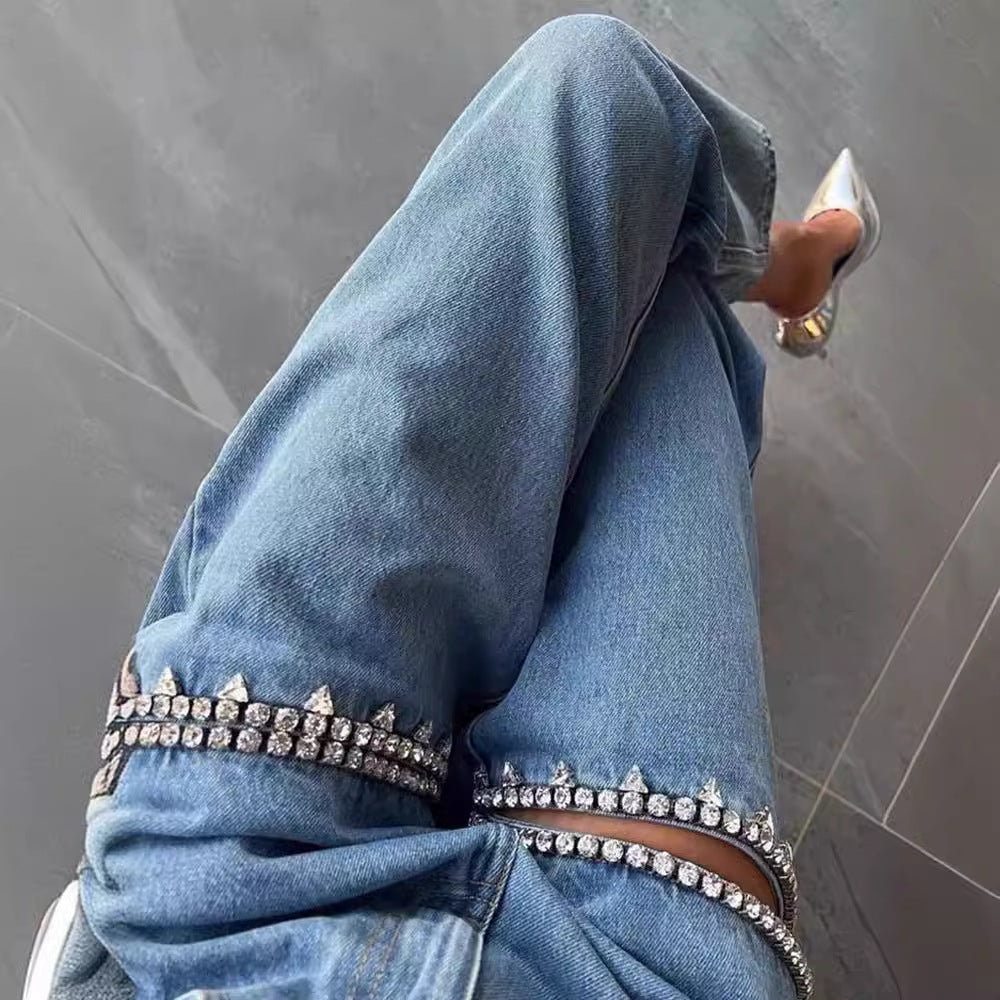 Meta Digital Store Women Jeans Fashion  Blue With Holes Straight Women's Jeans