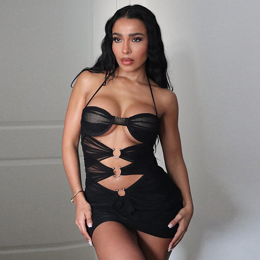 Woman  Digi Store  European And American Sexy Hot Girl Mesh See-through Ripped Halter Lace-up Slim Fit Sheath Dress