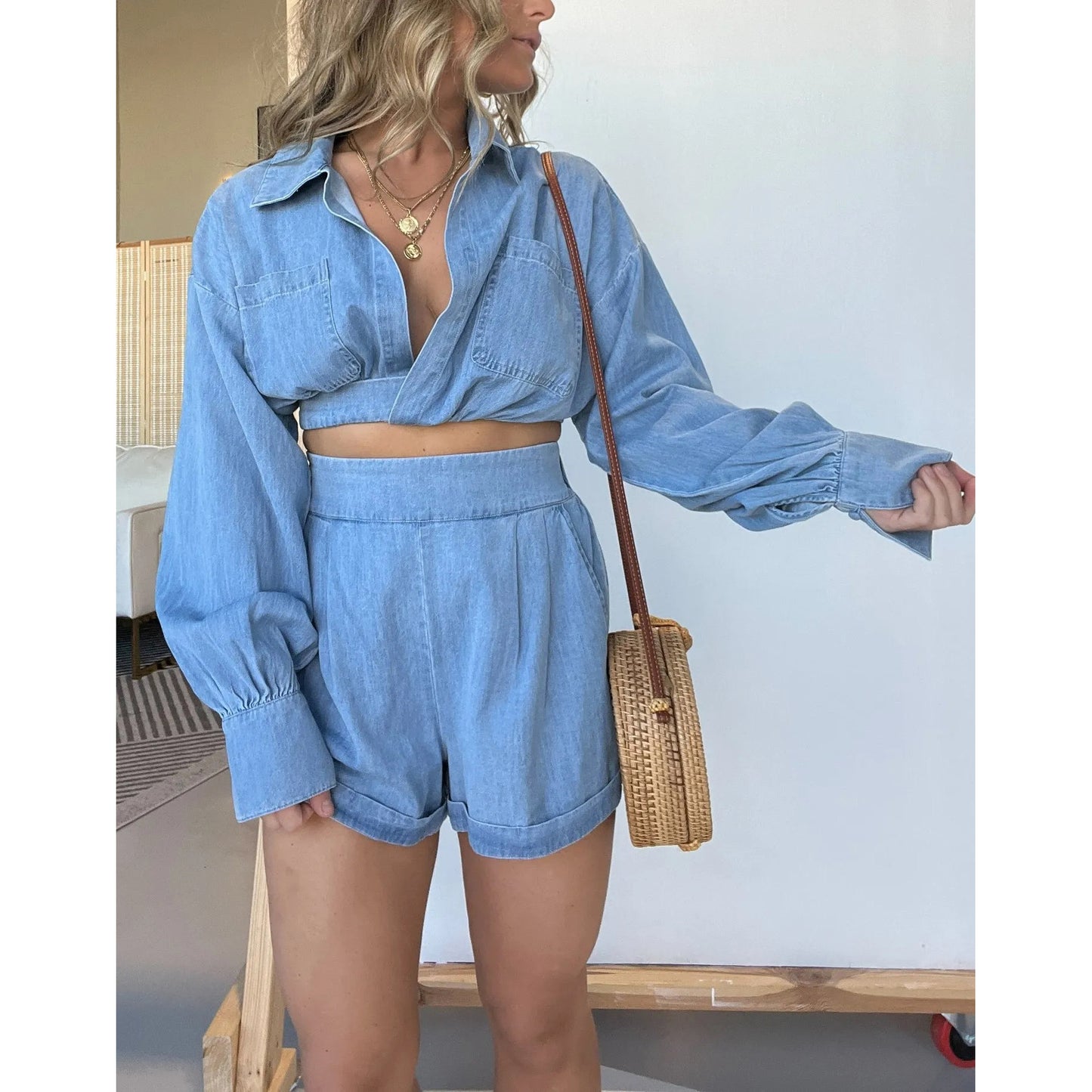 metadigistore.com  Fashion Women's Wear Denim Shirt Deep V Long Sleeve Suit