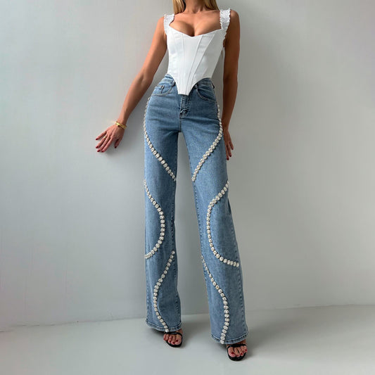 Meta Digital Store Women Jeans Fashion Loose Straight-cut Rhinestone Jeans With Design Sense