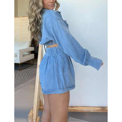 metadigistore.com  Fashion Women's Wear Denim Shirt Deep V Long Sleeve Suit