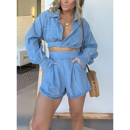 metadigistore.com  Fashion Women's Wear Denim Shirt Deep V Long Sleeve Suit