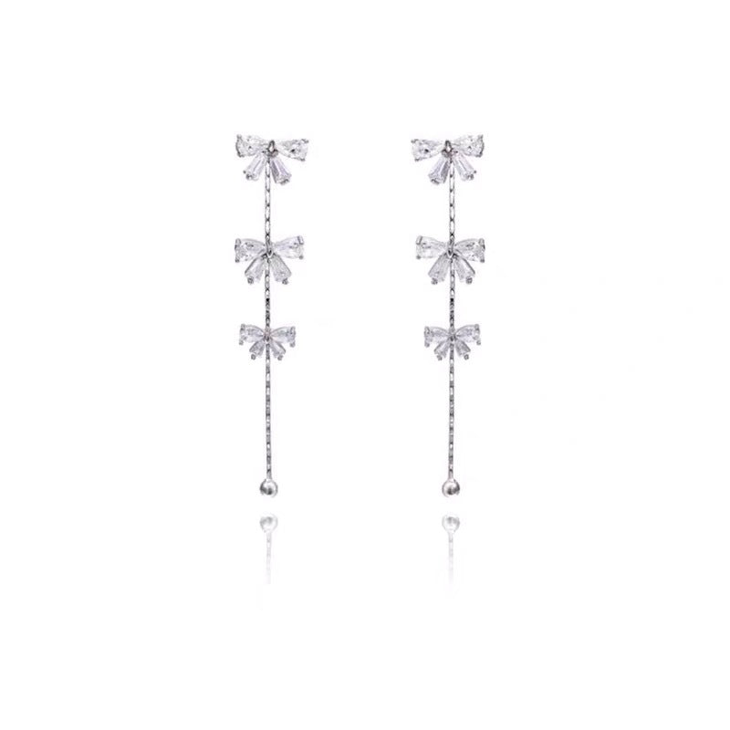 Bow Fringed Zircon Long Earrings