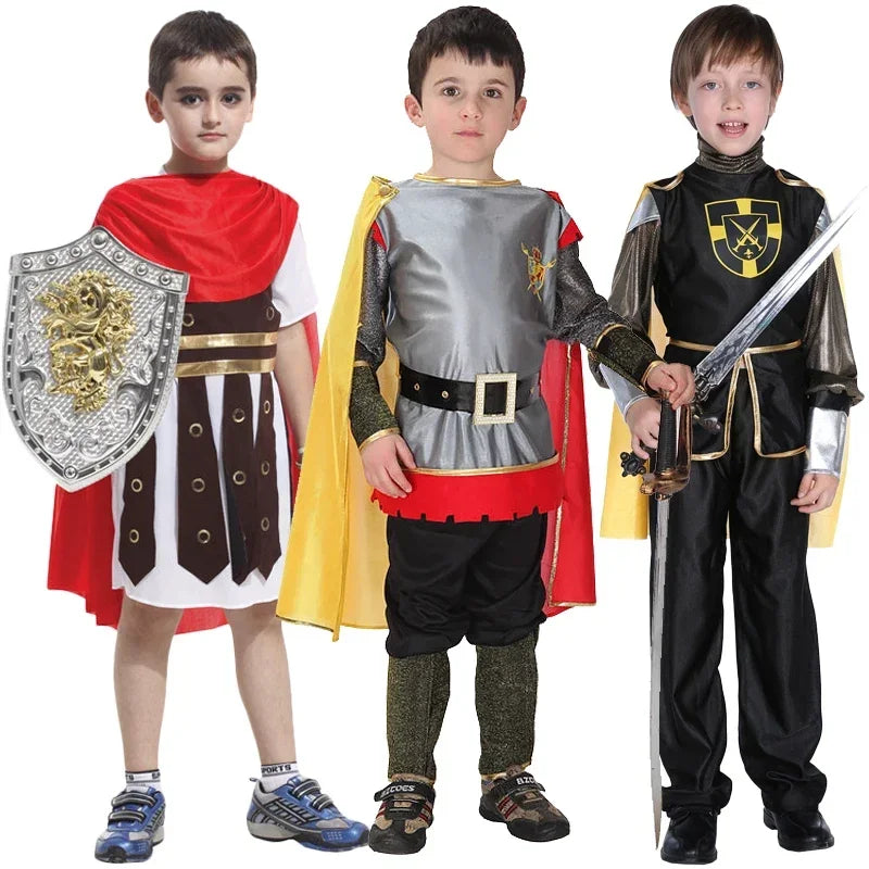 Kids Boys Royal Warrior Knight Costumes Soldier Children Medieval Roman Attached Cape Carnival Party No Weapon