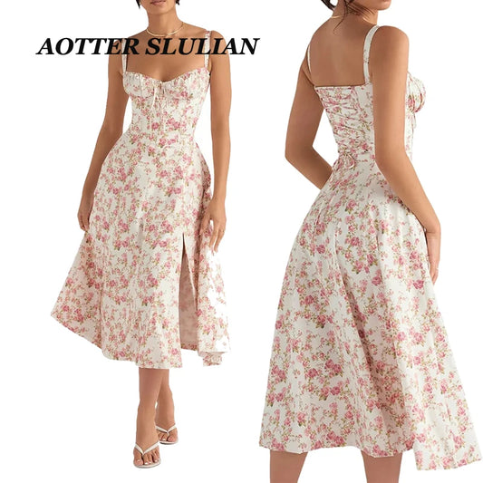 Somer Vroue Elegante Floral Bustier Midriff middellyfvormerrok Met Sakkie Dame Ademend Slim Hoë Split Aandpartytjie-sonrok 