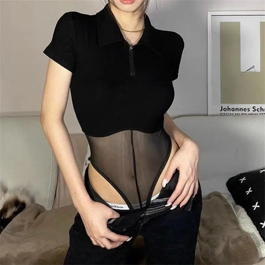 Women Short Sleeve Top Perspective Mesh Bodysuit Jumpsuit Woman Clothing Black Solid Zip Sexy Summer Street Y2k Bodysuit Black