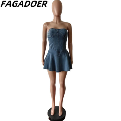 FAGADOER Y2K Street Sweet Pleat Denim Tube Mini Dress Women High Quality Elastic Sleeveless Backless Vestidos Fashion Streetwear