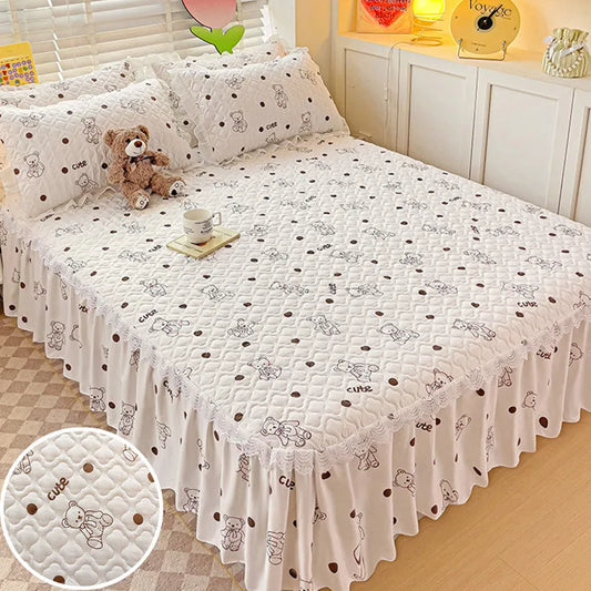 Bonenjoy Bed Skirt Cartoon Style Bed Cover Ruffled Bedsheet falda de cama Quilted Mattress Covers Lace Bedspread (No Pillowcase)