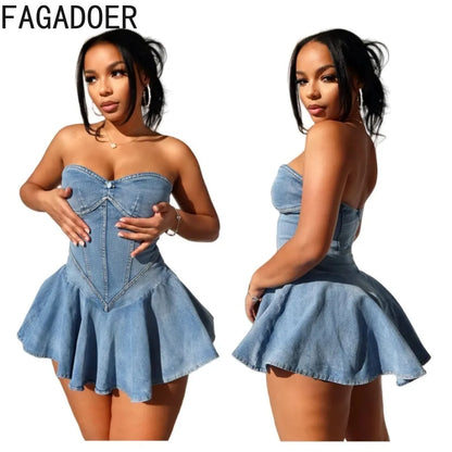 FAGADOER Y2K Street Sweet Pleat Denim Tube Mini Dress Women High Quality Elastic Sleeveless Backless Vestidos Fashion Streetwear