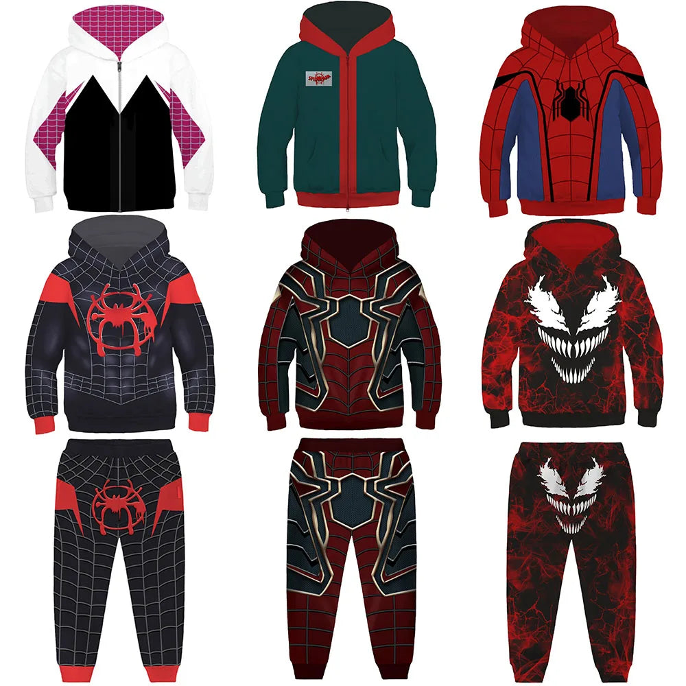 Spider-Man Gwen Miles Morales Zip Up Hoodies Spider-Verse Venom 3D Hooded Hoodies Superheld Seuns Meisies Outwear Baadjie Broeke