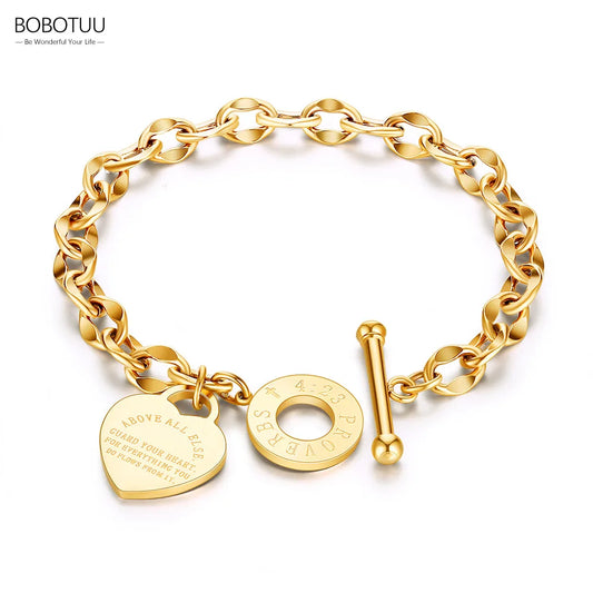 BOBOTUU Vlekvrye Staal CZ Kristal Blomplant Charm Armbande Vir Vroue Meisies Roosgoud Kleur Ketting &amp; Skakel Juweliersware BB19114