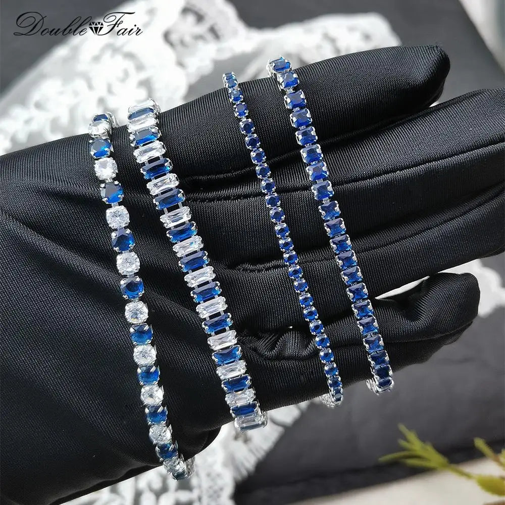 Adjustable Blue Crystal Tennis Bracelets for Unisex Women Men Various Shapes Iced Out CZ Short Chain on Hand Fashion Jewelry