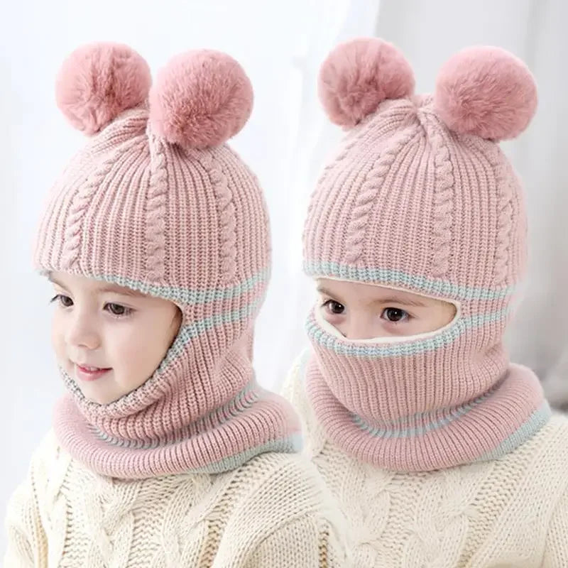 Beanies Baby Ring Hat Pompom Winter Children Hats Knitted Cute Cap for Baby Girls Boys Warm Fleece Lining Earflap Caps for Kids