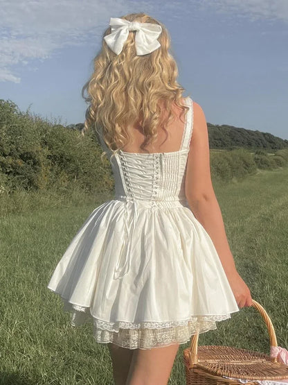 Mingmingx White A Line Party Dresses Women Mini Elegant Lace Up Holiday Dress Casual Spaghetti Strap Summer Women Clothing 2023